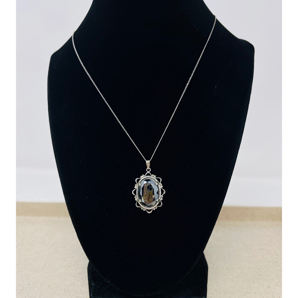 Vintage Sterling Silver Smoky Quartz  Scalloped Filigree Mourning Necklace
